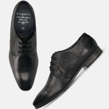 Men's Bugatti derby black leather shoes with a pointed toe and plain toe featuring a moulded heel , a pvc outsole , and laces fastening.