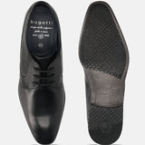 Men's Bugatti derby black leather shoes with a pointed toe and plain toe featuring a moulded heel , a pvc outsole , and laces fastening.