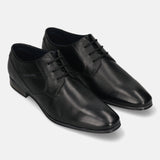 Men's Bugatti derby black leather shoes with a pointed toe and plain toe featuring a moulded heel , a pvc outsole , and laces fastening.