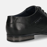 Men's Bugatti derby black leather shoes with a pointed toe and plain toe featuring a moulded heel , a pvc outsole , and laces fastening.