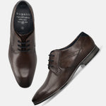 Men's Bugatti derby brown leather shoes with a pointed toe and plain toe featuring a moulded heel , a pvc outsole , and laces fastening.