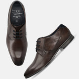 Men's Bugatti derby brown leather shoes with a pointed toe and plain toe featuring a moulded heel , a pvc outsole , and laces fastening.
