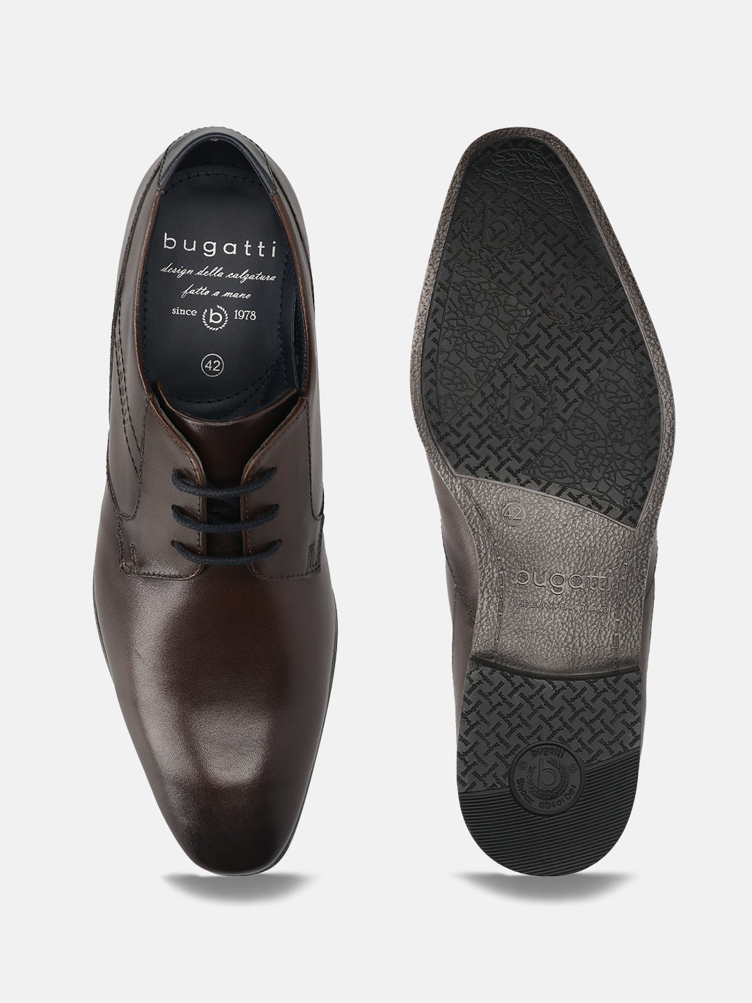 Men's Bugatti derby brown leather shoes with a pointed toe and plain toe featuring a moulded heel , a pvc outsole , and laces fastening.