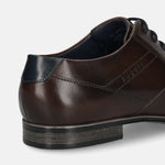 Men's Bugatti derby brown leather shoes with a pointed toe and plain toe featuring a moulded heel , a pvc outsole , and laces fastening.