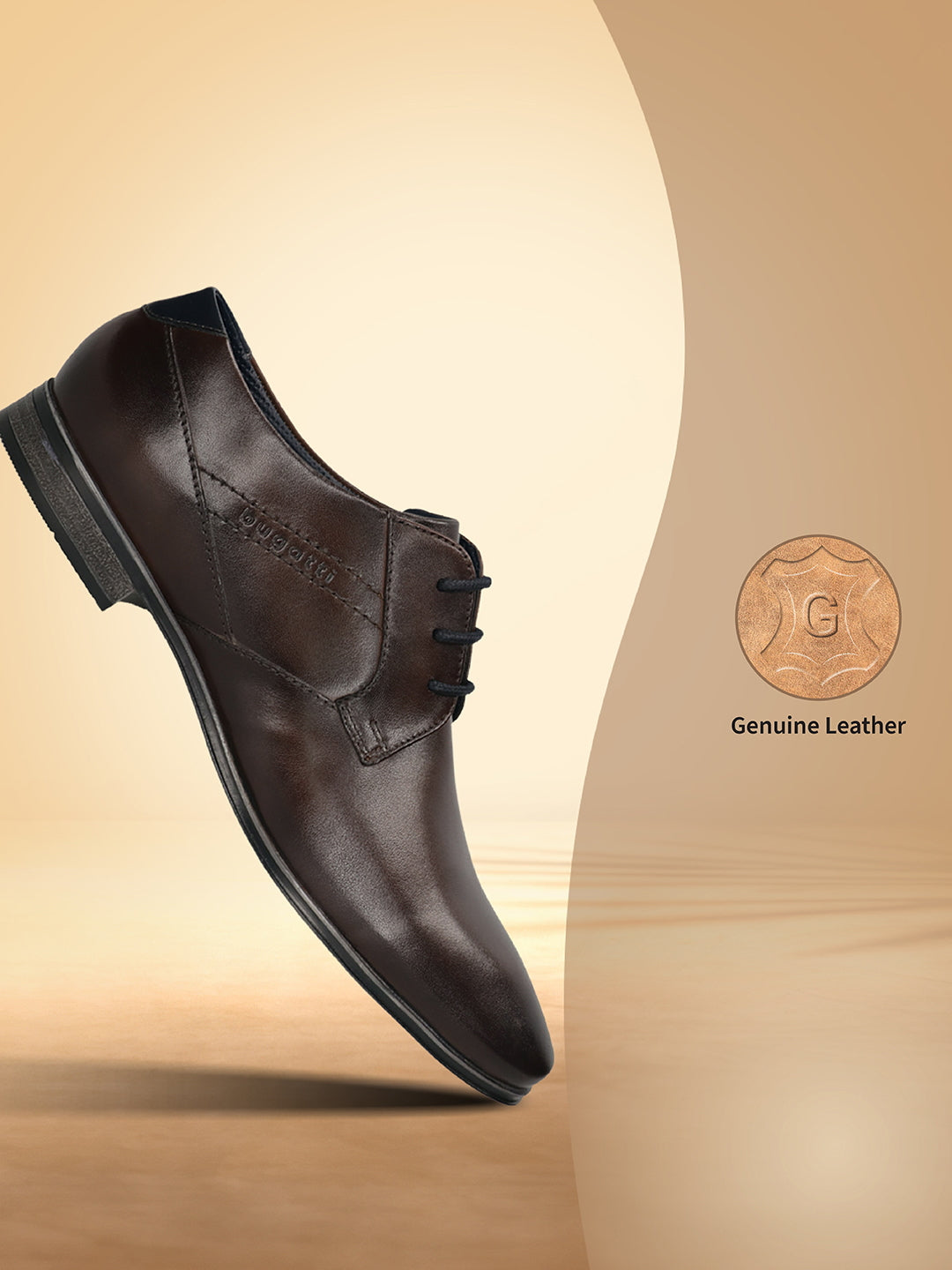 Men's Bugatti derby brown leather shoes with a pointed toe and plain toe featuring a moulded heel , a pvc outsole , and laces fastening.