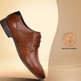 Men's Bugatti derby cognac leather shoes with a pointed toe and plain toe featuring a moulded heel , a pvc outsole , and laces fastening.