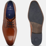 Men's Bugatti derby cognac leather shoes with a pointed toe and plain toe featuring a moulded heel , a pvc outsole , and laces fastening.