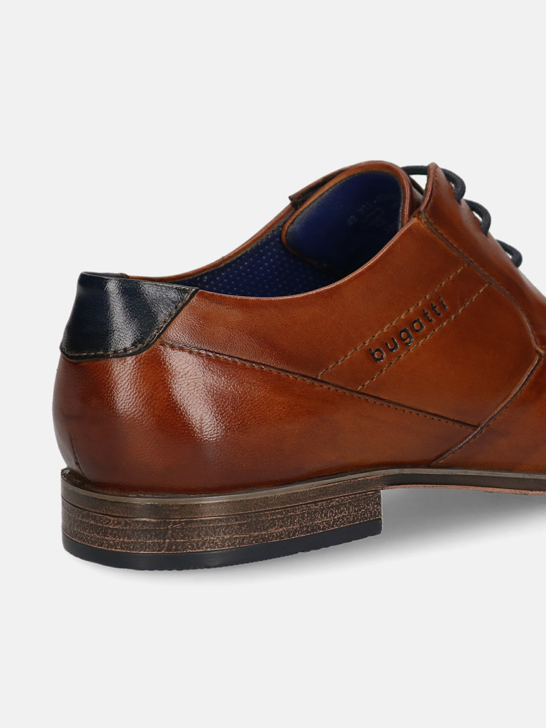 Men's Bugatti derby cognac leather shoes with a pointed toe and plain toe featuring a moulded heel , a pvc outsole , and laces fastening.