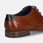 Men's Bugatti derby cognac leather shoes with a pointed toe and plain toe featuring a moulded heel , a pvc outsole , and laces fastening.