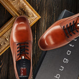 Men's Bugatti derby cognac leather shoes with a round toe and plain toe featuring a stacked heel , a tpr outsole , and laces fastening.