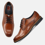 Men's Bugatti derby cognac leather shoes with a round toe and plain toe featuring a stacked heel , a tpr outsole , and laces fastening.