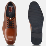 Men's Bugatti derby cognac leather shoes with a round toe and plain toe featuring a stacked heel , a tpr outsole , and laces fastening.