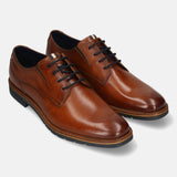 Men's Bugatti derby cognac leather shoes with a round toe and plain toe featuring a stacked heel , a tpr outsole , and laces fastening.