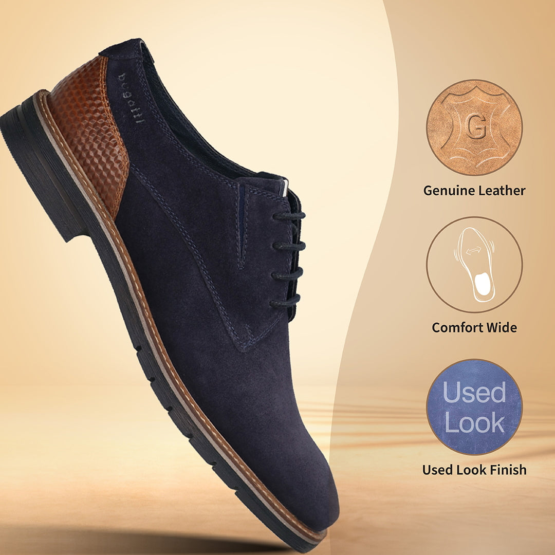 Men's Bugatti derby blue leather shoes with a round toe and plain toe featuring a stacked heel , a tpr outsole , and laces fastening.