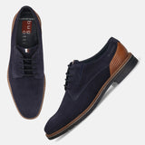 Men's Bugatti derby blue leather shoes with a round toe and plain toe featuring a stacked heel , a tpr outsole , and laces fastening.