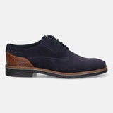 Men's Bugatti derby blue leather shoes with a round toe and plain toe featuring a stacked heel , a tpr outsole , and laces fastening.