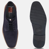 Men's Bugatti derby blue leather shoes with a round toe and plain toe featuring a stacked heel , a tpr outsole , and laces fastening.
