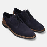 Men's Bugatti derby blue leather shoes with a round toe and plain toe featuring a stacked heel , a tpr outsole , and laces fastening.