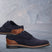 Men's Bugatti derby blue leather shoes with a round toe and plain toe featuring a stacked heel , a tpr outsole , and laces fastening.