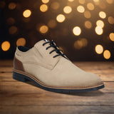 Men's Bugatti derby beige leather shoes with a round toe and plain toe featuring a stacked heel , a tpr outsole , and laces fastening.