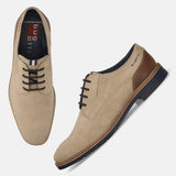Men's Bugatti derby beige leather shoes with a round toe and plain toe featuring a stacked heel , a tpr outsole , and laces fastening.