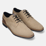 Men's Bugatti derby beige leather shoes with a round toe and plain toe featuring a stacked heel , a tpr outsole , and laces fastening.