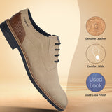 Men's Bugatti derby beige leather shoes with a round toe and plain toe featuring a stacked heel , a tpr outsole , and laces fastening.