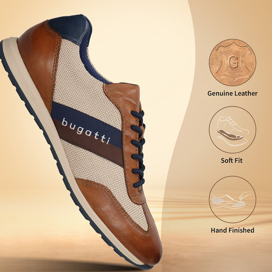 Men's Bugatti leather cognac leather shoes with a round toe , a tpr outsole , and laces fastening.