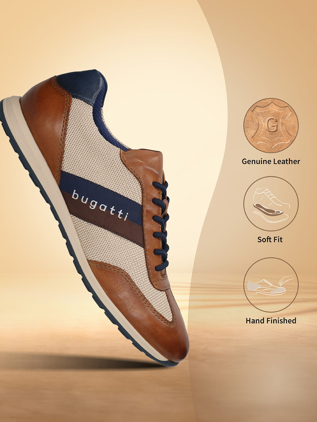 Men's Bugatti leather cognac leather shoes with a round toe , a tpr outsole , and laces fastening.