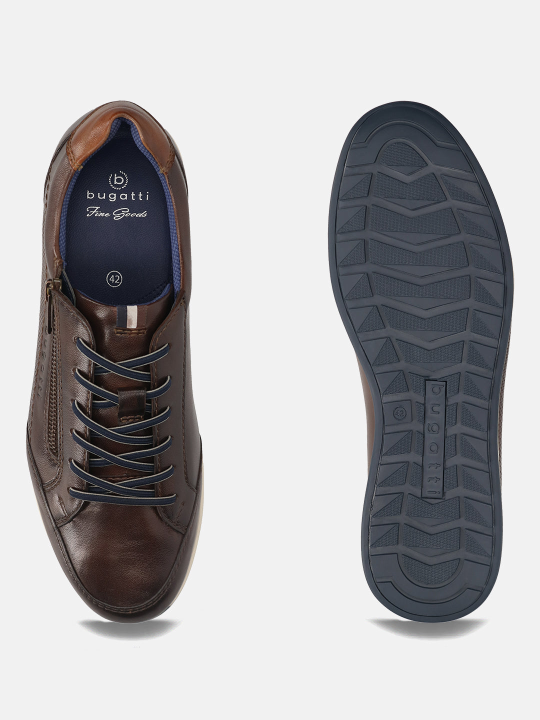 Men's Bugatti leather brown leather shoes with a round toe , a tpr outsole , and laces fastening.