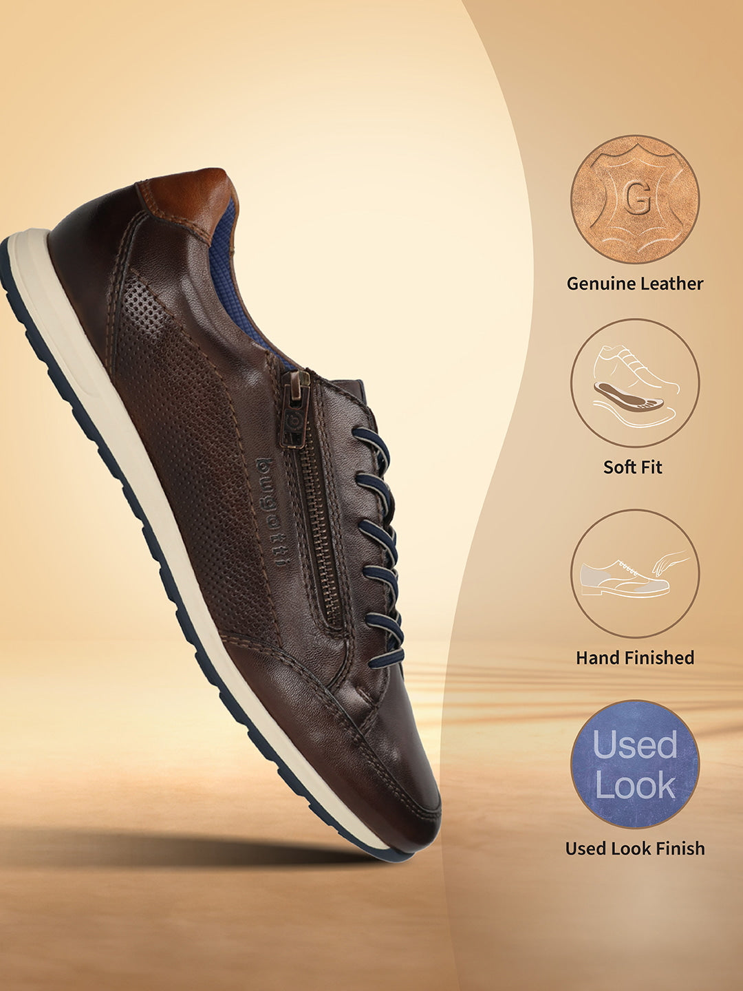 Men's Bugatti leather brown leather shoes with a round toe , a tpr outsole , and laces fastening.
