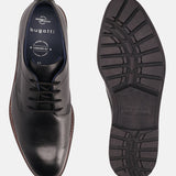 A black Men's bugatti Derby featuring a round toe plain toe, stacked heel, and a extra wide fit. Made from premium genuine leather with a durable tpr outsole, this laces design offers both style and comfort.
