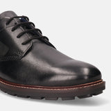 A black Men's bugatti Derby featuring a round toe plain toe, stacked heel, and a extra wide fit. Made from premium genuine leather with a durable tpr outsole, this laces design offers both style and comfort.