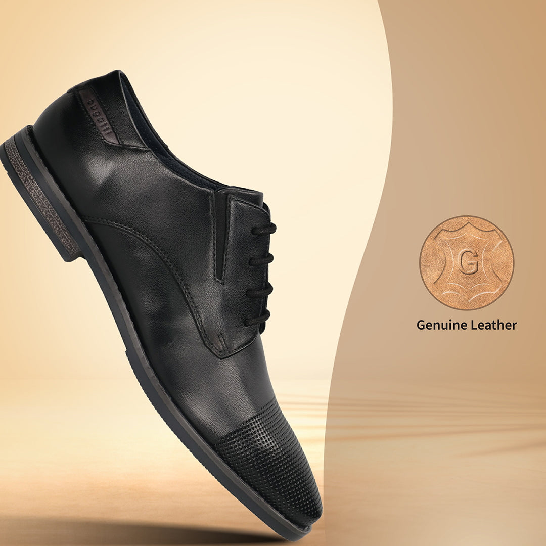 Men's Bugatti derby black leather shoes with a pointed toe and plain toe featuring a moulded heel , a tpr outsole , and laces fastening.