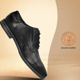 Men's Bugatti derby black leather shoes with a pointed toe and plain toe featuring a moulded heel , a tpr outsole , and laces fastening.