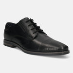 Men's Bugatti derby black leather shoes with a pointed toe and plain toe featuring a moulded heel , a tpr outsole , and laces fastening.