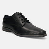 Men's Bugatti derby black leather shoes with a pointed toe and plain toe featuring a moulded heel , a tpr outsole , and laces fastening.