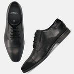 Men's Bugatti derby black leather shoes with a pointed toe and plain toe featuring a moulded heel , a tpr outsole , and laces fastening.