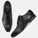 Men's Bugatti derby black leather shoes with a pointed toe and plain toe featuring a moulded heel , a tpr outsole , and laces fastening.