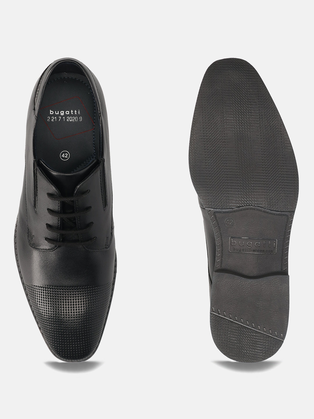 Men's Bugatti derby black leather shoes with a pointed toe and plain toe featuring a moulded heel , a tpr outsole , and laces fastening.