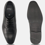 Men's Bugatti derby black leather shoes with a pointed toe and plain toe featuring a moulded heel , a tpr outsole , and laces fastening.