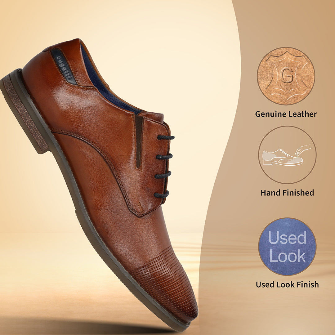 Men's Bugatti derby cognac leather shoes with a pointed toe and plain toe featuring a moulded heel , a tpr outsole , and laces fastening.
