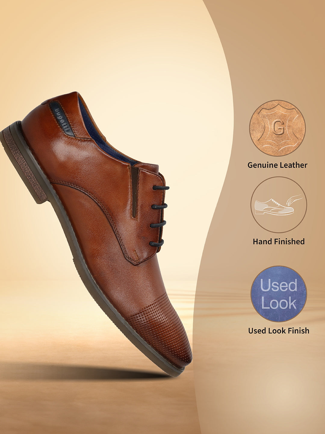 Men's Bugatti derby cognac leather shoes with a pointed toe and plain toe featuring a moulded heel , a tpr outsole , and laces fastening.