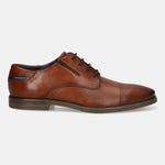 Men's Bugatti derby cognac leather shoes with a pointed toe and plain toe featuring a moulded heel , a tpr outsole , and laces fastening.