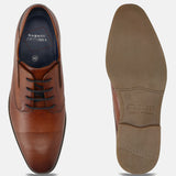 Men's Bugatti derby cognac leather shoes with a pointed toe and plain toe featuring a moulded heel , a tpr outsole , and laces fastening.