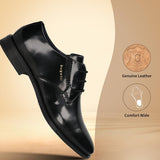Men's Bugatti derby black leather shoes with a pointed toe and plain toe featuring a moulded heel , a tpr outsole , and laces fastening.