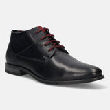 A blue Men's bugatti Chukka Boots featuring a round toe plain toe, stacked heel, and a wide fit. Made from premium genuine leather with a durable tpr outsole, this laces design offers both style and comfort.