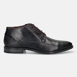 A blue Men's bugatti Chukka Boots featuring a round toe plain toe, stacked heel, and a wide fit. Made from premium genuine leather with a durable tpr outsole, this laces design offers both style and comfort.