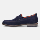 A blue Men's bugatti Penny Loafer featuring a round apron toe, moulded heel. Made from suede leather with a durable tr outsole, this slip-on design offers both style and comfort.