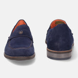 A blue Men's bugatti Penny Loafer featuring a round apron toe, moulded heel. Made from suede leather with a durable tr outsole, this slip-on design offers both style and comfort.
